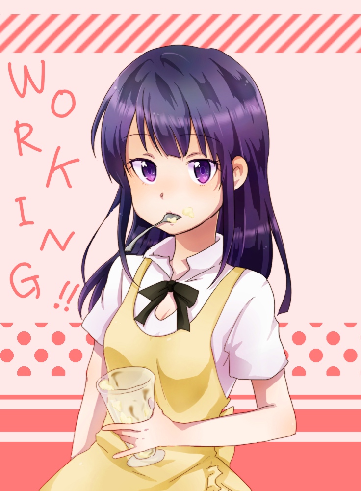 apron, food, food_on_face, mouth_hold, sazanami, solo, spoon, working!!