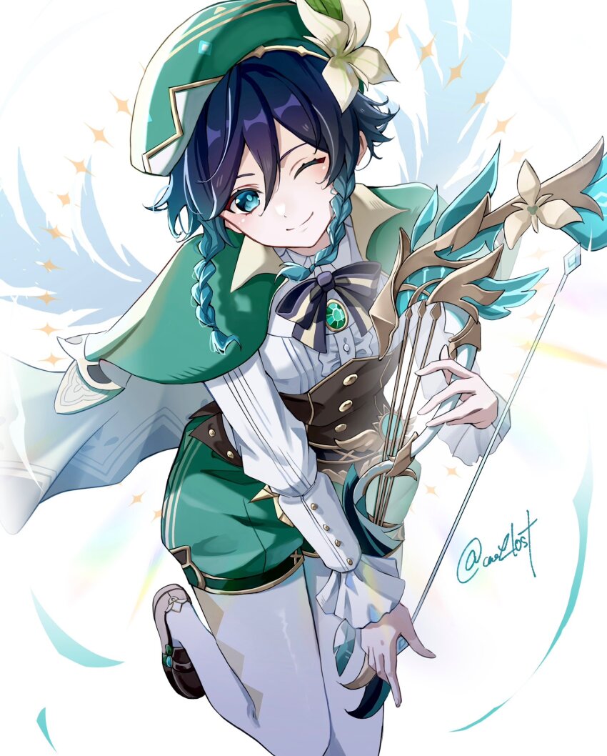 1boy, argyle_clothes, argyle_pantyhose, bard, beret, black_hair, blue_hair, braid, cape, cecilia_flower_(genshin_impact), closed_mouth, collared_cape, commentary, daybreak_chronicles_(genshin_impact), flower, genshin_impact, gradient_hair, green_cape, green_hat, green_shorts, hair_between_eyes, hat, hat_flower, highres, instrument, kuromuru, looking_at_viewer, lyre, male_focus, multicolored_hair, one_eye_closed, pantyhose, short_hair_with_long_locks, shorts, side_braids, simple_background, smile, solo, untranslatable_commentary, twin_braids, twitter_username, two-tone_hair, venti_(genshin_impact), white_background, white_flower, white_pantyhose