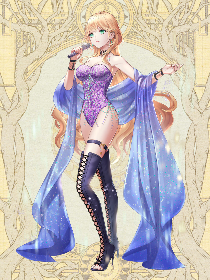 1girl, black_boots, blonde_hair, boots, breasts, choker, dairoku_ryouhei, earrings, elizabeth_knights, full_body, green_eyes, high_heel_boots, high_heels, highres, holding, holding_microphone, jewelry, kansai_takeru, lace-up_boots, leotard, long_hair, microphone, o-ring, o-ring_choker, purple_leotard, smile, solo, thigh_boots, very_long_hair, yellow_background