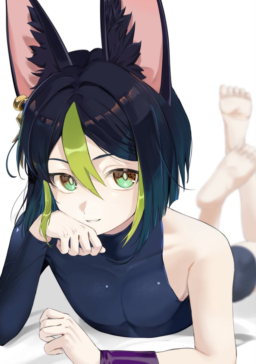 1boy, animal_ear_fluff, animal_ears, barefoot, black_hair, blurry, commentary_request, feet