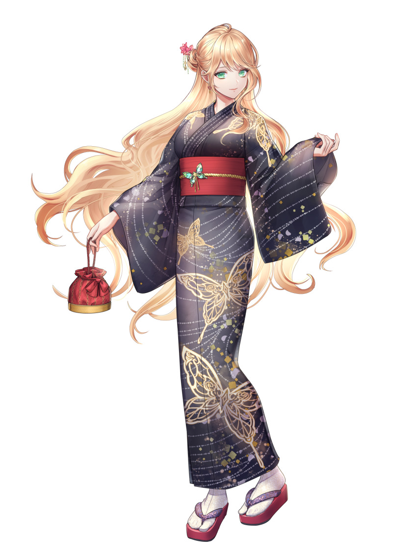 1girl, animal_print, black_kimono, blonde_hair, butterfly_print, dairoku_ryouhei, elizabeth_knights, flower