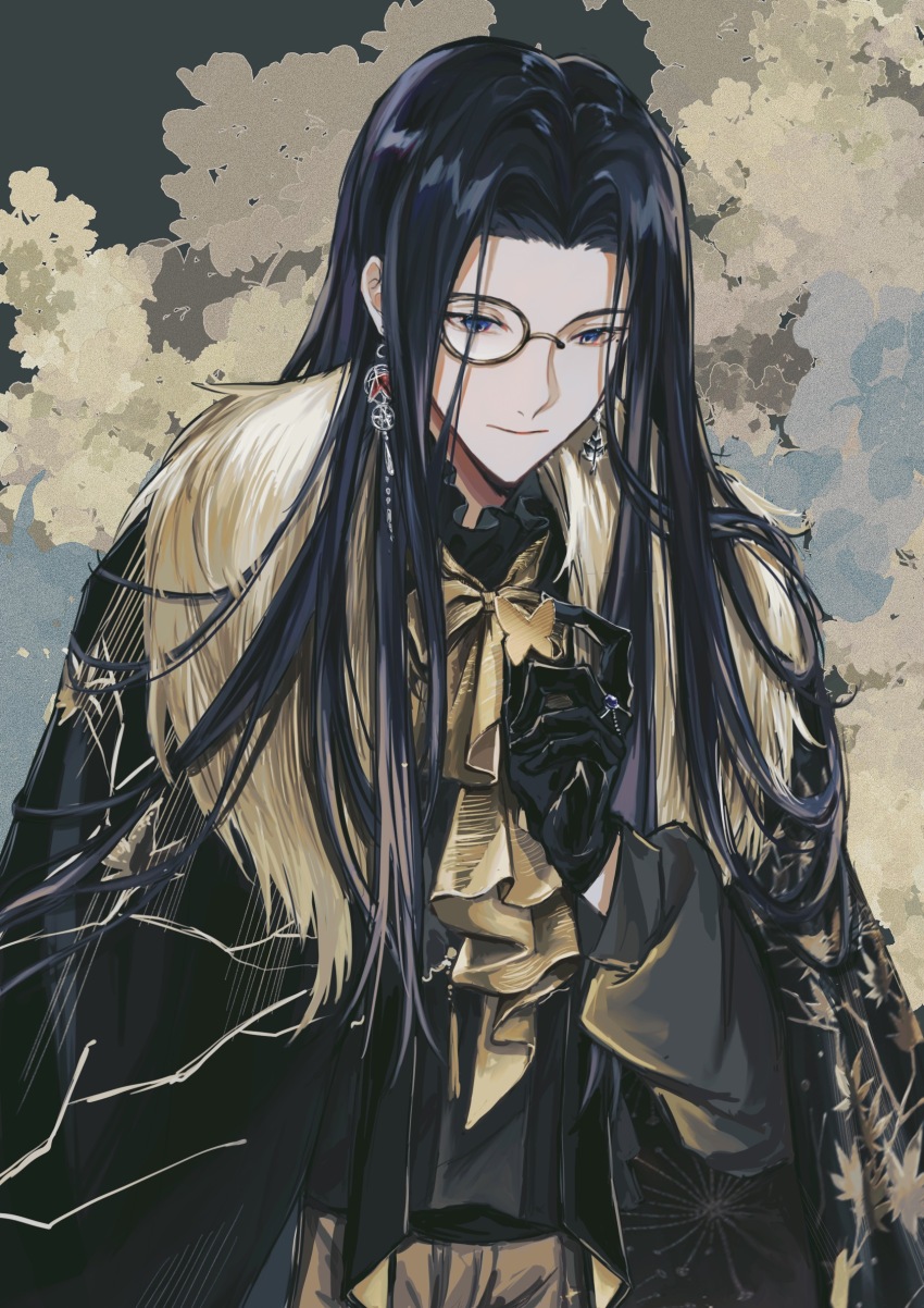 1boy, ascot, black_cape, black_gloves, black_hair, black_shirt, blue_eyes, butterfly_ornament