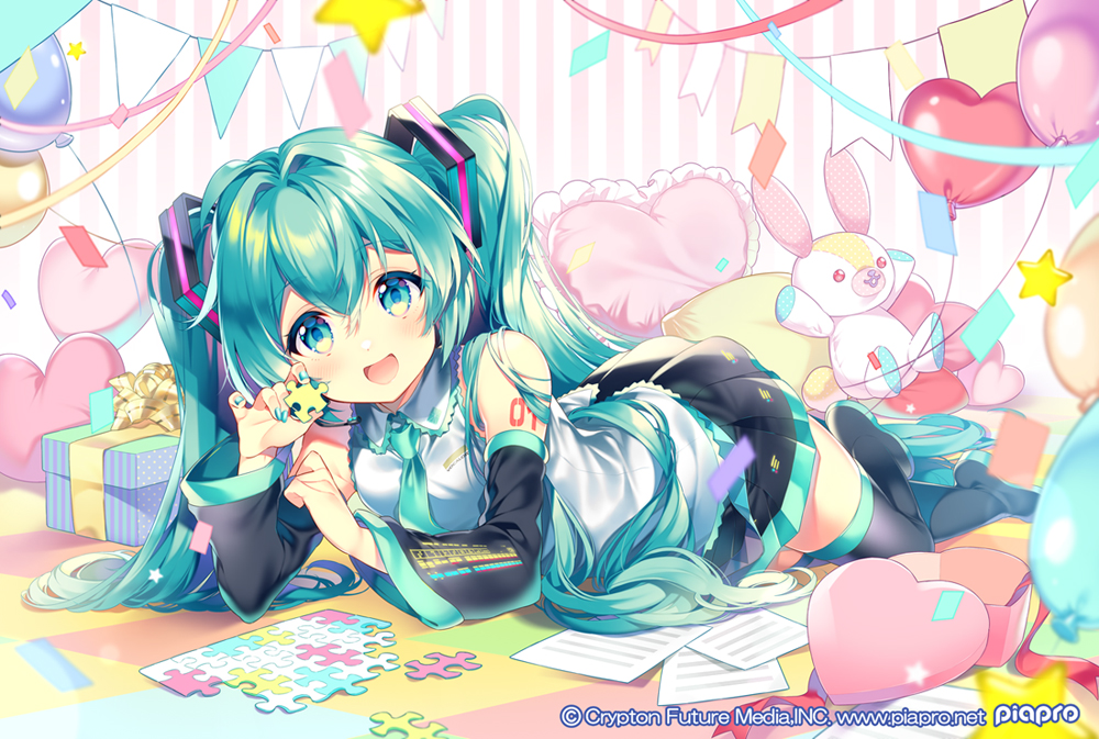 1girl, aqua_necktie, aqua_ribbon, aqua_trim, arm_tattoo, balloon, black_skirt, blush