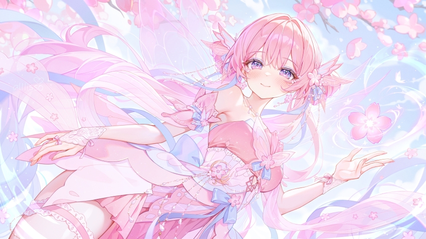 1girl, alllisso, blossoms, blush, bug, butterfly, cherry, colors