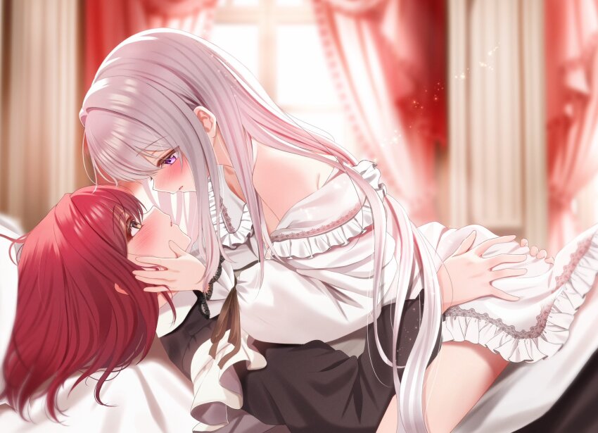 2girls, apron, bagel_sandica, bare_shoulders, berry_(shoujo_no_nozomanu_eiyuutan), black_dress, brown_eyes, commentary_request