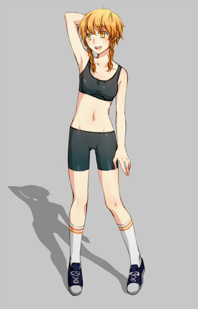 1girl, alternate_hair_color, amane_suzuha, bike_shorts, braid, female_focus, mironomeo, navel, science_adventure, shoes, sneakers, socks, solo, sports_bra, steins;gate, twin_braids