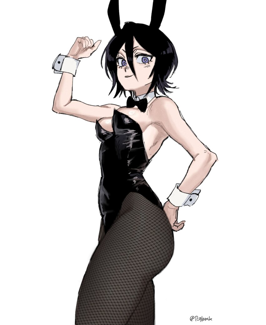 1girl, animal_ears, artist_name, bare_shoulders, black_hair, black_leotard, bleach, bow