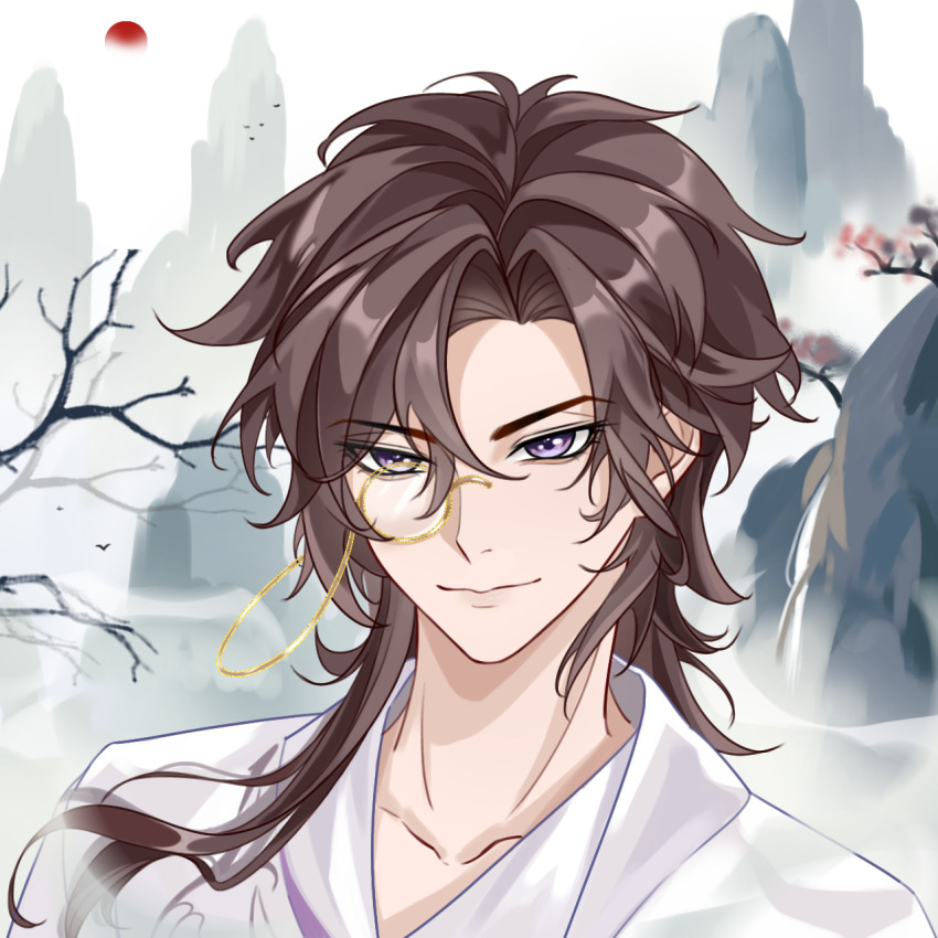 >:), 1boy, bare_tree, brown_hair, chinese_clothes, chinese_commentary, closed_mouth, collarbone, commentary_request, curtained_hair, gongzi_xiyu, hair_between_eyes, hanfu, highres, hua_yi_shanxin_zhiyue, karst, lips, long_hair, looking_ahead, male_focus, monocle, mountain, portrait, purple_eyes, robe, smile, solo, sun, tree, v-shaped_eyebrows, wen_siyu, white_hanfu, white_robe, wolf_cut