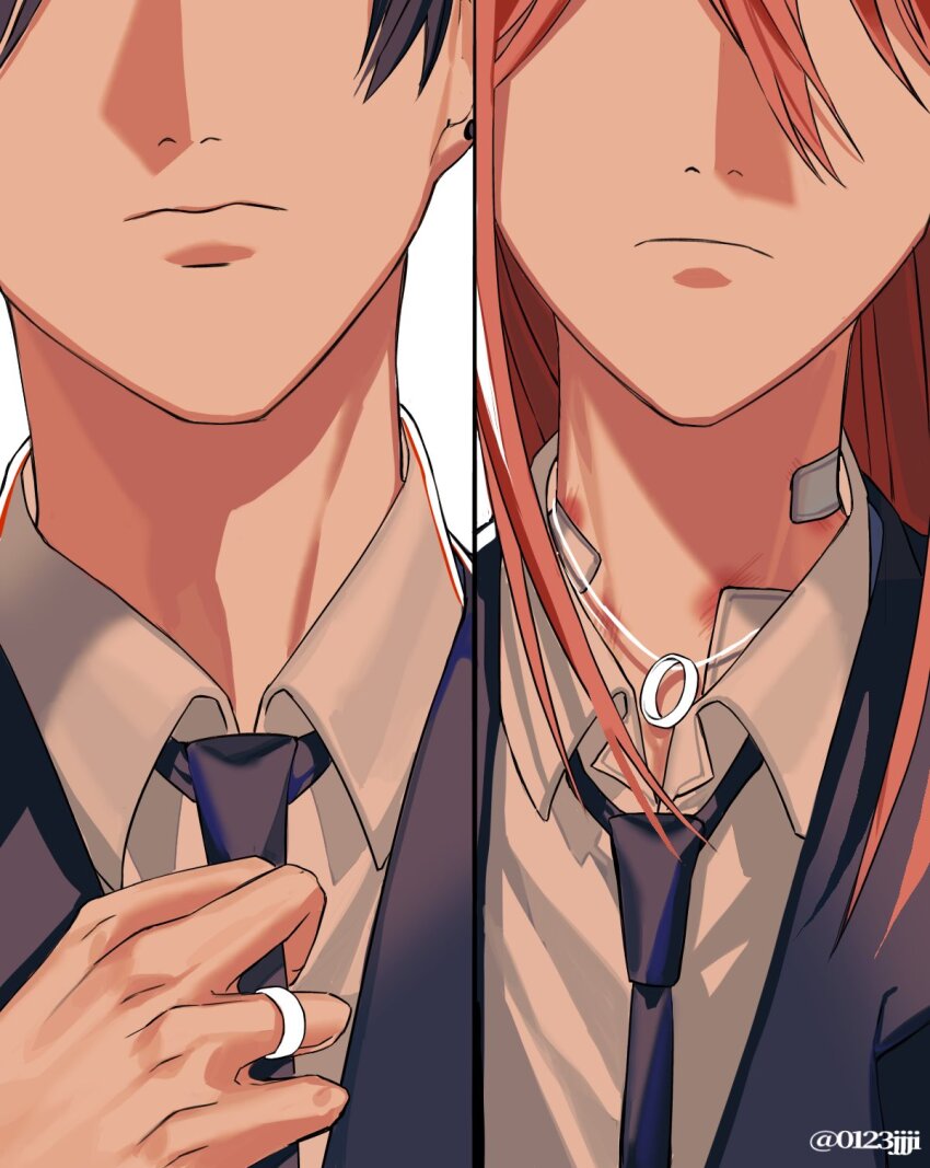 0123jjji, 2boys, angel_devil_(chainsaw_man), black_hair, black_necktie, bruise, chainsaw_man, closed_mouth, collared_shirt, commentary_request, earrings, gauze_on_neck, hayakawa_aki, highres, husband_and_husband, injury, jacket, jewelry, long_hair, male_focus, multiple_boys, necklace, necktie, ring, ring_necklace, shirt, short_hair, simple_background, suit_jacket, twitter_username, wedding_ring, white_background, white_shirt, yaoi