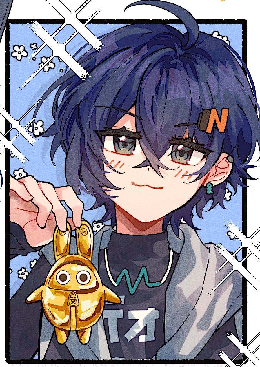 1girl, :3, ahoge, belle_(zenless_zone_zero), black_border, black_shirt, blue_background, blue_hair