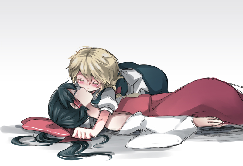 2girls, aidumi, all_fours, apron, bad_id, bad_pixiv_id, black_dress, black_hair