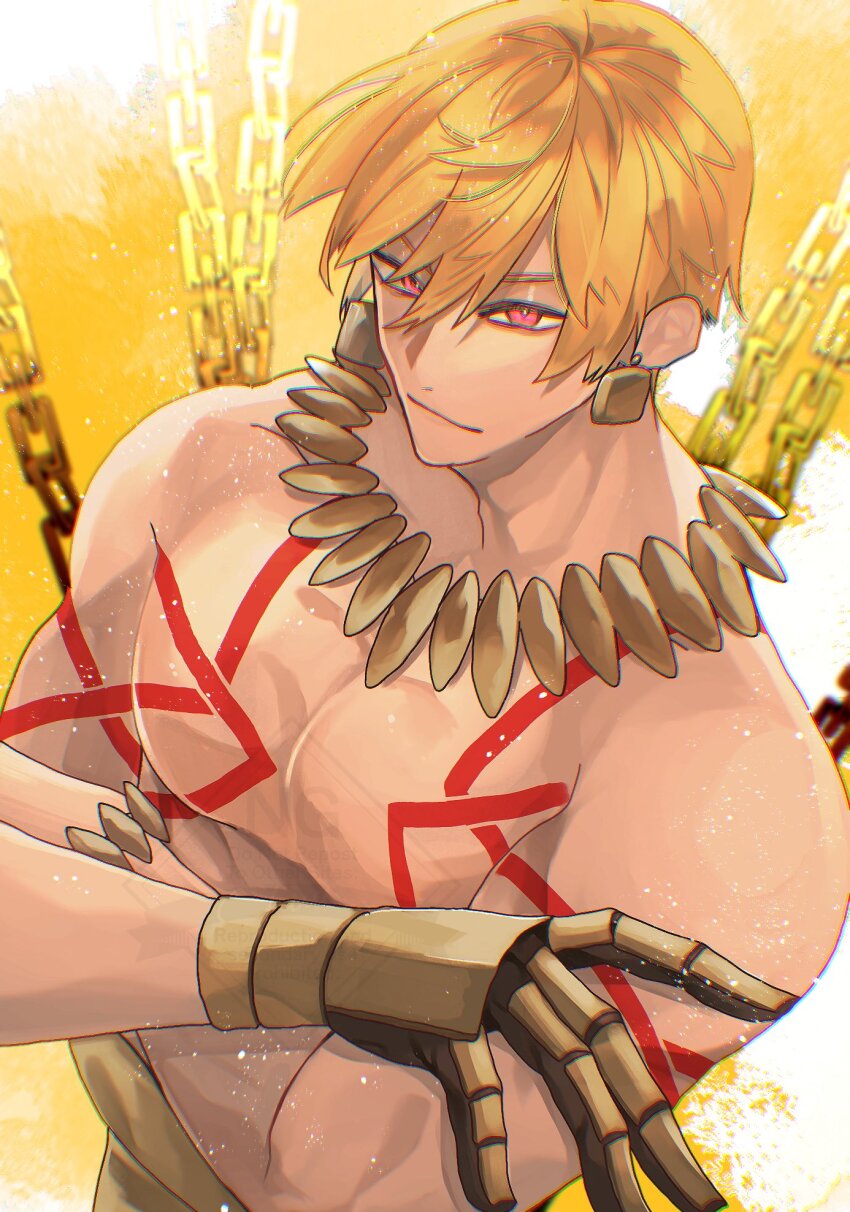 1boy, bad_anatomy, bad_neck, bare_shoulders, blonde_hair, body_markings, bracelet, chain