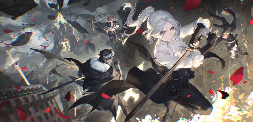 1boy, 3girls, absurdres, ascot, black_gloves, black_hair, boots, brown_hair