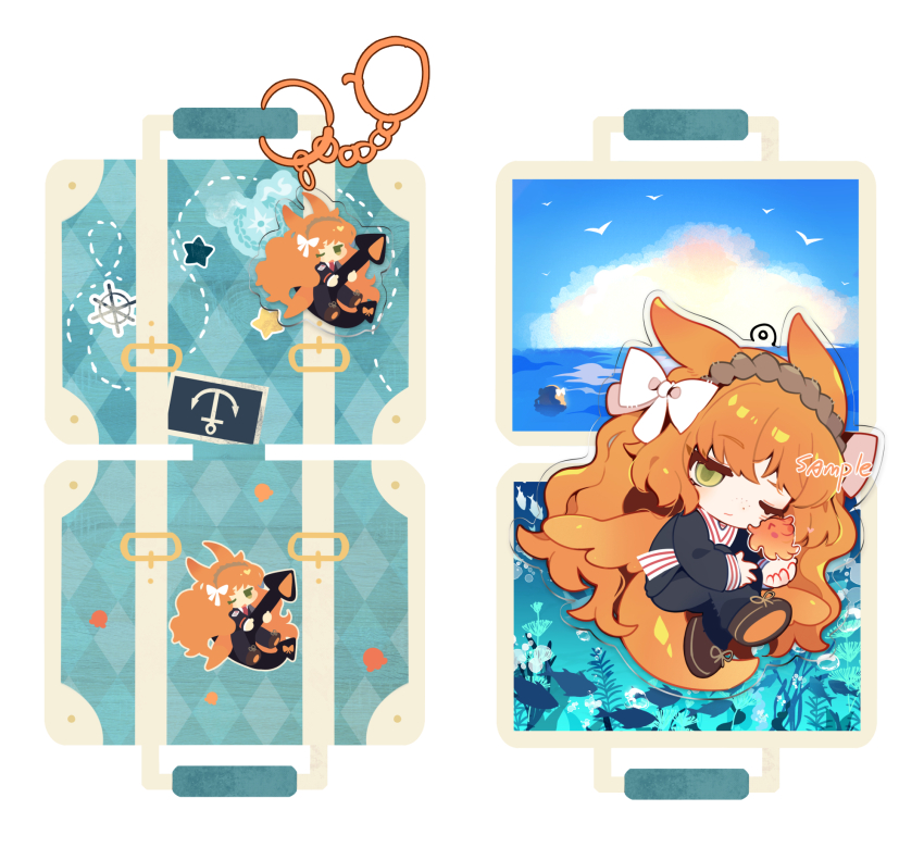 1girl, bow, brown_hairband, brown_shoes, commentary_request, e.g.o_(project_moon), hair_bow, hairband, highres, homura792, ishmael_(project_moon), limbus_company, long_hair, looking_at_viewer, neckerchief, necktie, ocean, orange_hair, project_moon, rope, sailor_collar, sea_angel_girl, sea_angel_tail, sea_angel_wings, shoes, sidelocks, snagharpoon_(e.g.o), solo, striped_clothes, striped_necktie, suitcase, umbrella_octopus, very_long_hair, white_bow, white_neckerchief, white_sailor_collar