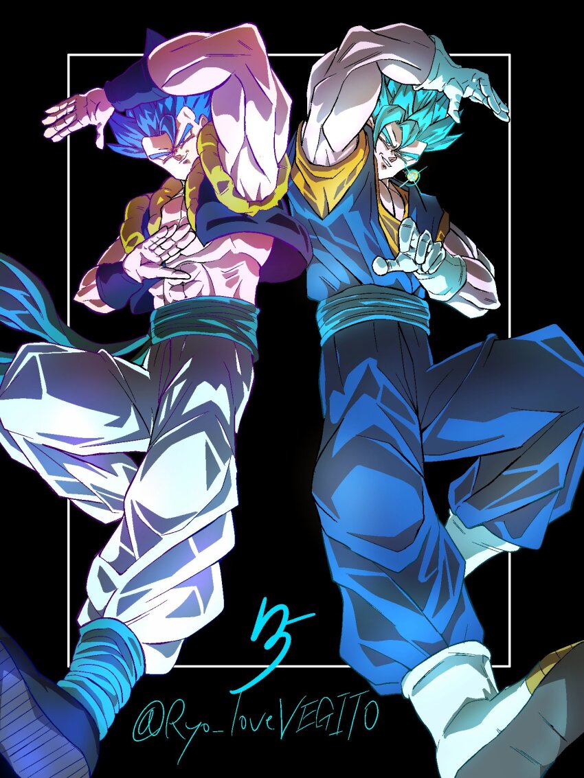 2boys, abs, arm_above_head, black_background, black_vest, blue_eyes, blue_hair, blue_pants