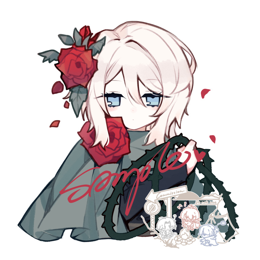 1girl, absurdres, cape, closed_mouth, commentary_request, commission, e.g.o_(project_moon), faust_(project_moon), flower, green_cape, hair_flower, hair_ornament, hand_up, highres, homura792, lasso_(e.g.o), limbus_company, looking_at_viewer, petals, plant, project_moon, red_flower, red_petals, red_rose, rose, short_hair, sidelocks, simple_background, solo, thorns, vines, white_background, white_hair