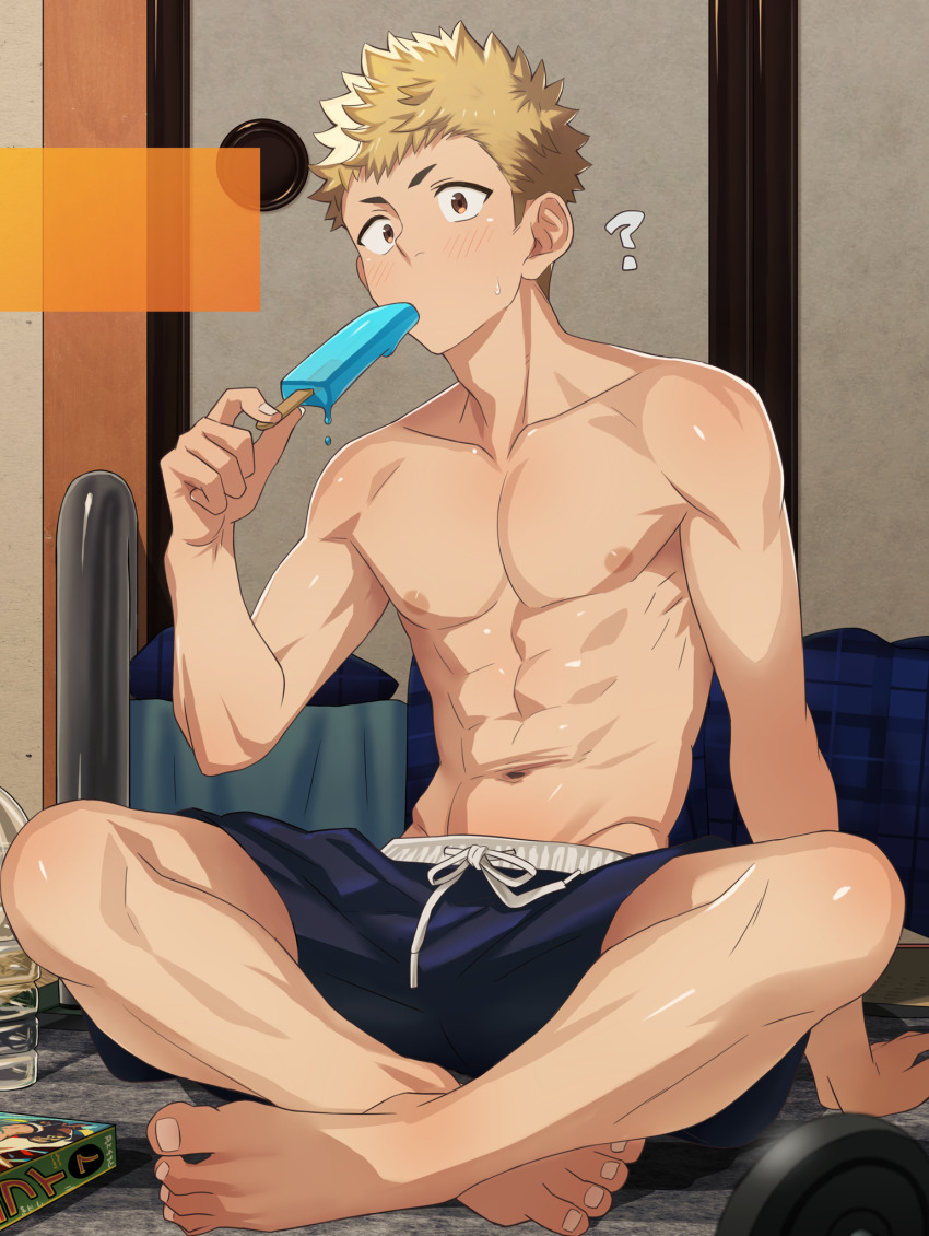 1boy, ?, amainu, barefoot, bedroom, blonde_hair, blue_shorts, brown_eyes, food, highres, holding, holding_food, holding_popsicle, indian_style, indoors, male_focus, nipples, persona, persona_5, popsicle, sakamoto_ryuuji, short_hair, shorts, sitting, solo, sweatdrop, toned, toned_male, topless_male