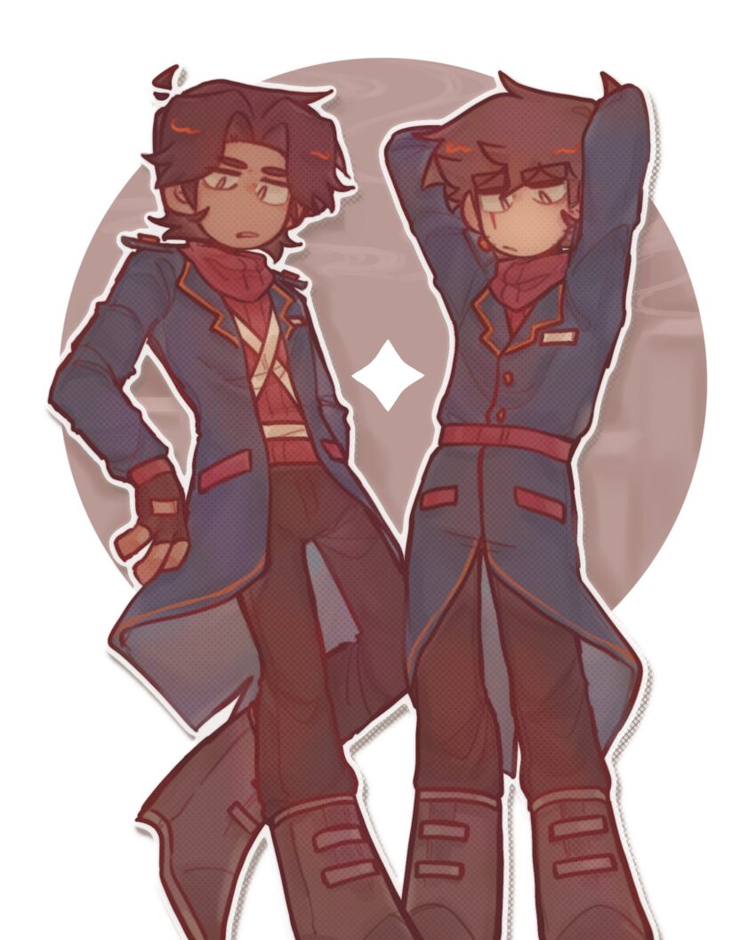 2boys, arms_behind_head, belo_icey, black_boots, black_gloves, black_pants, blue_coat, boots