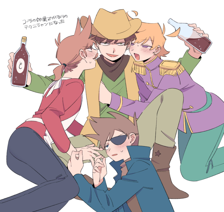 4boys, affectionate_harem, ahoge, alcohol, animification, apron, beer, blue_eyes, blush, boots, bottle, brown_eyes, brown_hair, coat, commentary_request, cowboy, cowboy_boots, cowboy_western, detached_ahoge, edd_(eddsworld), eddsworld, edward_gold_(eddsworld), epaulettes, eyepatch, facial_hair, hat, holding, holding_bottle, low_ponytail, male_focus, male_harem, matt_(eddsworld), mjsc_10, multiple_boys, mustache, official_alternate_costume, open_mouth, orange_hair, ponytail, prince_matthew_(eddsworld), purple_coat, purple_eyes, short_hair, short_ponytail, sitting, spiked_hair, thompson_(eddsworld), todd_(eddsworld), tom_(eddsworld), tord_(eddsworld), translation_request, western, white_background, yaoi