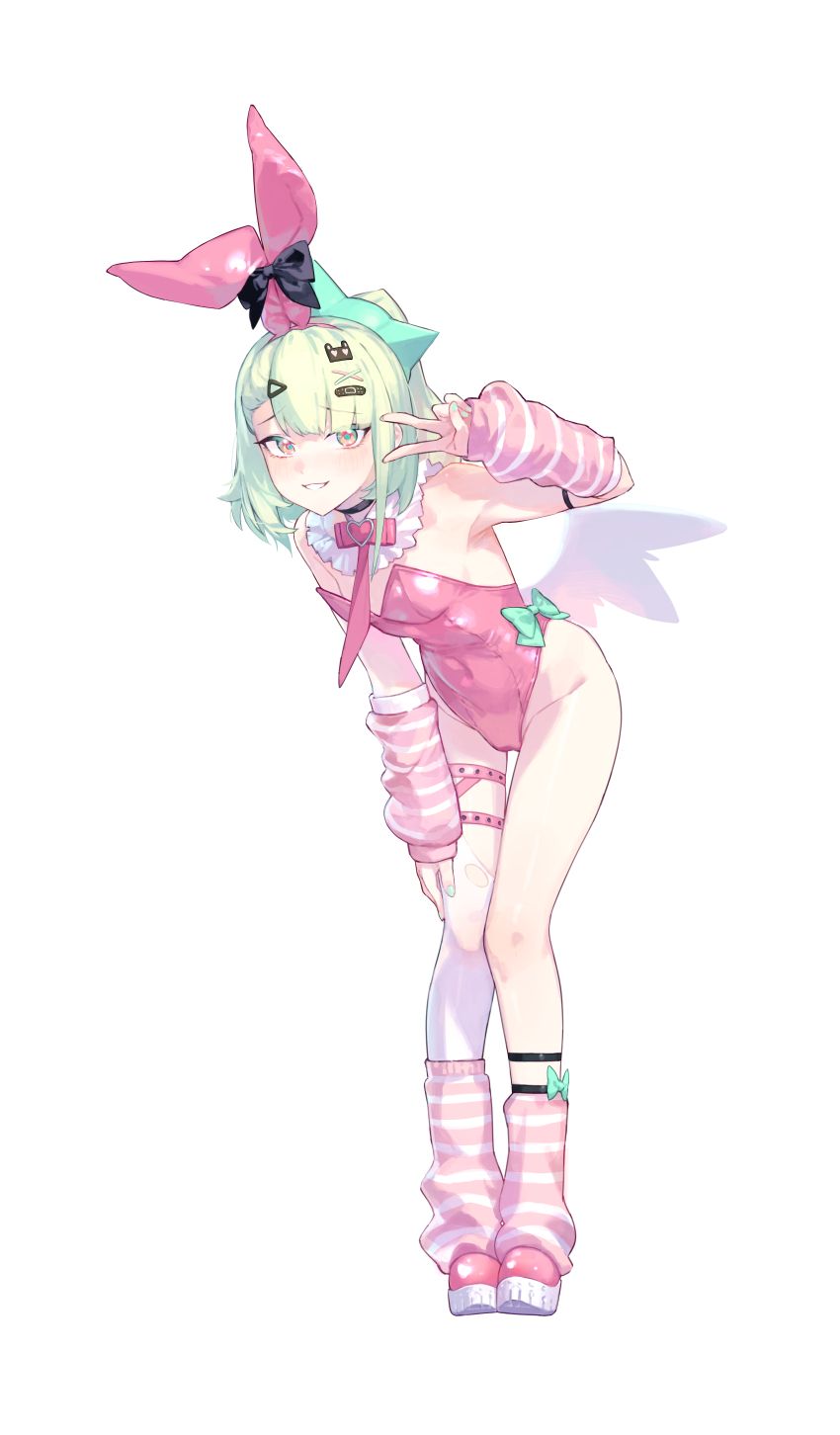 1girl, absurdres, alternate_costume, animal_ear_hairband, animal_ears, aqua_nails, arm_strap, arm_up