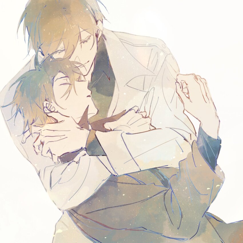 2boys, arm_around_shoulder, black_coat, black_hair, black_shirt, breathing742105, chin_rest, closed_eyes