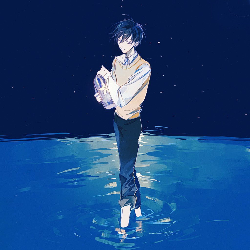 1boy, black_hair, blue_sky, breathing742105, clear_sky, commentary, english_commentary, full_body