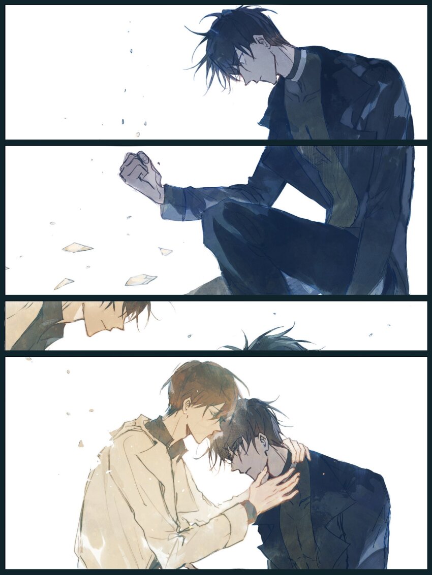 2boys, black_coat, black_hair, black_shirt, breathing742105, broken_glass, clenched_hand, coat