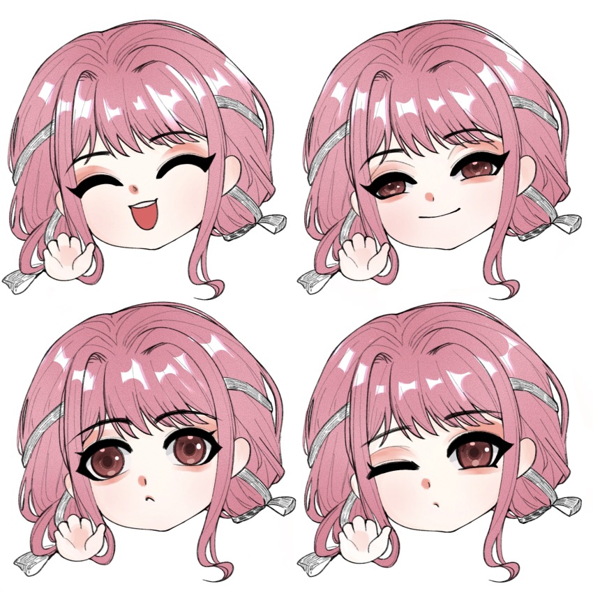 1girl, ;o, ^_^, aegyo_sal, bow, brown_eyes, chinese_commentary, closed_eyes, closed_mouth, commentary_request, dot_nose, expressionless, eyeshadow, fuwei98497, grey_bow, grey_ribbon, hair_bow, hair_intakes, hair_ribbon, happy, head_only, highres, infinity_nikki, looking_at_viewer, low_twintails, makeup, multiple_expressions, nikki_(nikki), nikki_(series), one_eye_closed, open_mouth, parted_lips, pink_eyeshadow, pink_hair, ribbon, sidelocks, simple_background, smile, smug, teeth, tress_ribbon, twintails, upper_teeth_only, variations, waving, wavy_hair, white_background