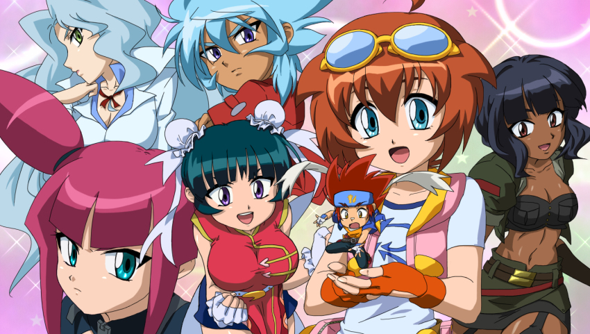 00s, 1boy, 6+girls, amano_madoka, beyblade, blue_eyes, breasts, brown_hair, china_dress, chinese_clothes, cleavage, dark-skinned_female, dark_skin, dora_(beyblade), dress, goggles, goggles_on_head, green_eyes, hagane_gingka, hasama_hikaru, hikaru_hazama, large_breasts, mei_mei_(beyblade), metal_fight_beyblade, multiple_girls, pink_hair, pink_vest, purple_eyes, selen_gracy, shirt, sophie_(beyblade), vest, white_shirt