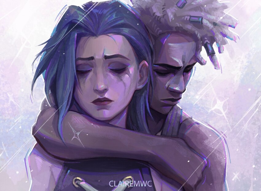 1boy, 1girl, arcane:_league_of_legends, arcane_jinx, asymmetrical_bangs, bare_shoulders, blue_hair, braid