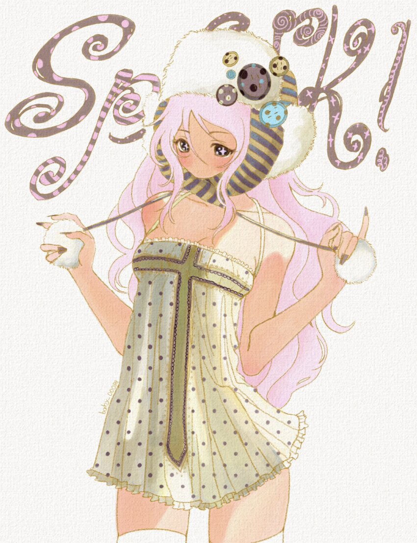 1girl, aiyuni, babydoll, beanie, black_eyes, black_nails, breasts, calligraphy