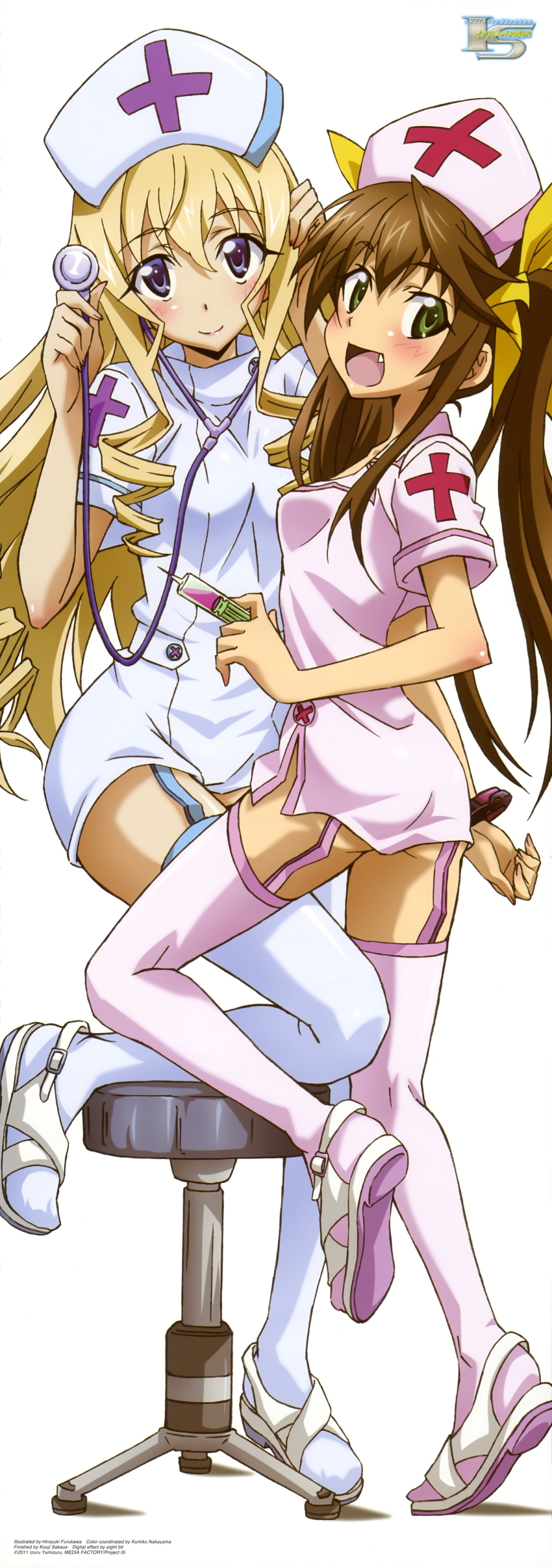 10s, 2girls, absurdres, ass, blonde_hair, blush, bow, brown_hair