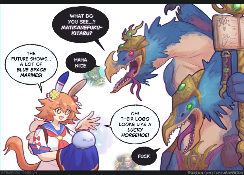 +_+, 1girl, 2others, animal_ears, chaos_(warhammer), crystal_ball, ear_covers, ear_ornament, highres, horse_ears, horse_girl, horse_tail, lord_of_change, matikanefukukitaru_(umamusume), multiple_others, orange_hair, sailor_collar, staff, tail, tempura_person, umamusume, warhammer_40k, white_background, yellow_eyes