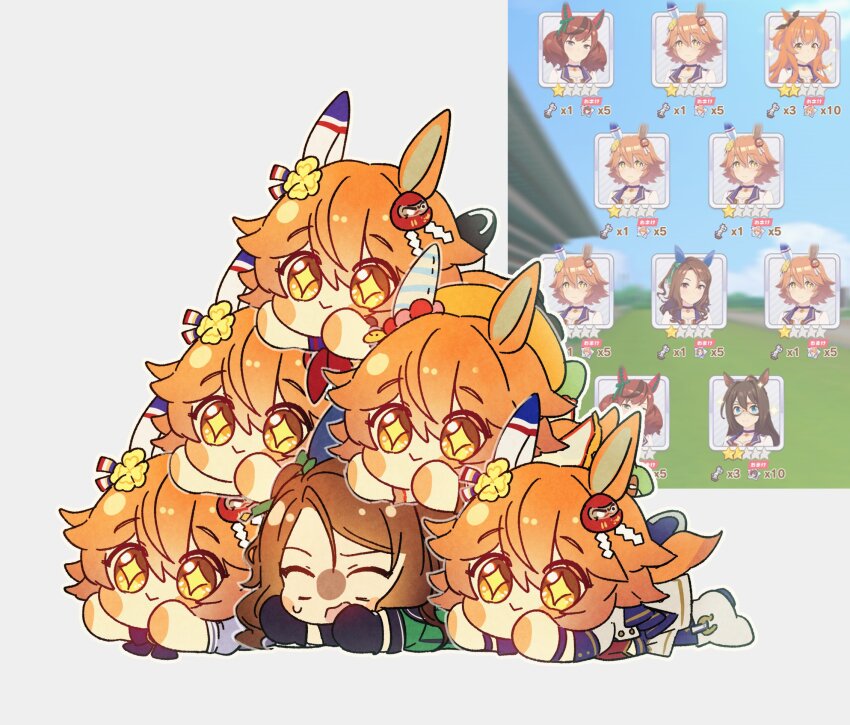 +_+, 6+girls, animal_ears, artist_request, beret, brown_hair, ear_covers, ear_ornament