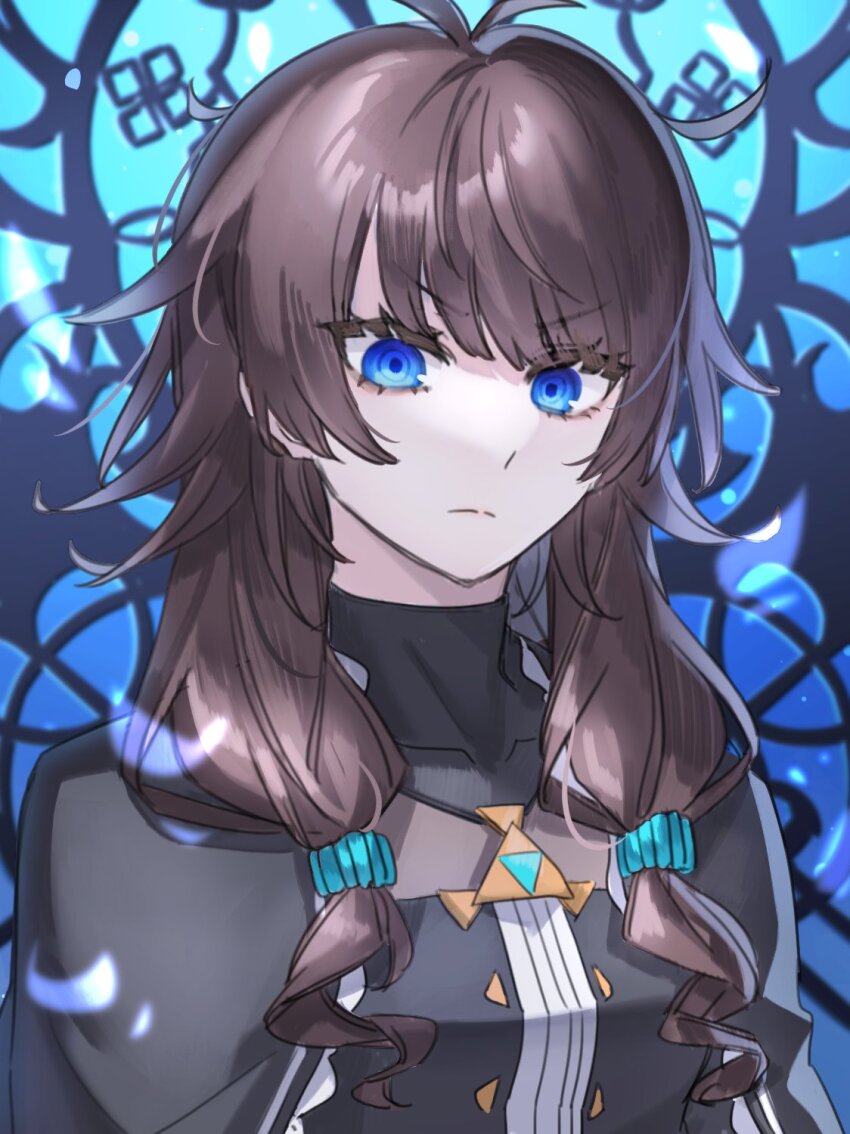 1girl, antenna_hair, black_shirt, blue_background, blue_eyes, brown_hair, cape, closed_mouth