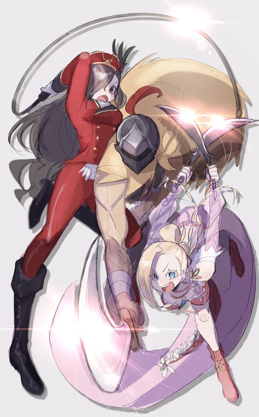 1boy, 2girls, aldebaran_(re:zero), attack, b_c_b_c_b_c, bandages, black_eyes, black_hair