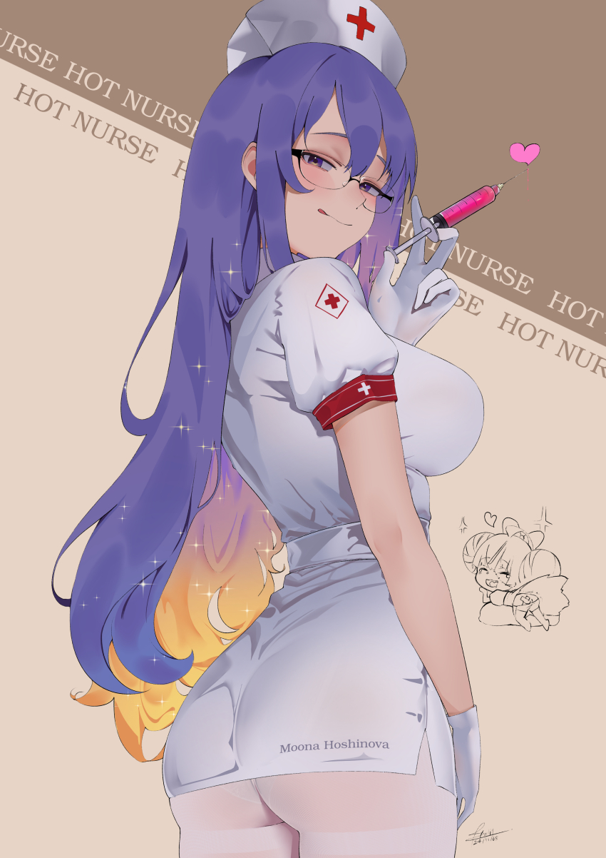 1girl, absurdres, alternate_costume, aou13093, ass, black-framed_eyewear, blonde_hair, breasts