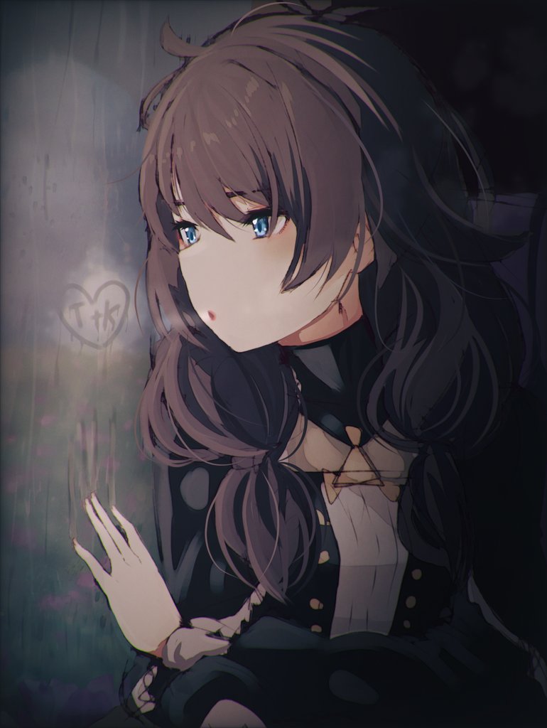 1girl, black_dress, blue_eyes, breath, brown_hair, commentary, condensation, dress, hand_on_window, katya_aurelie, long_hair, long_sleeves, looking_outside, looking_to_the_side, low_twintails, rain, re:zero_kara_hajimeru_isekai_seikatsu, sad, serious, solo, untranslatable_commentary, twintails, upper_body, zerobarto