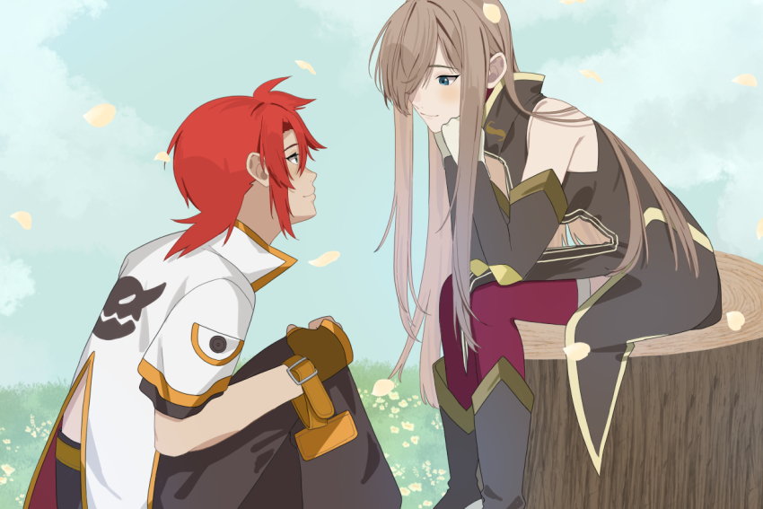 1boy, 1girl, 55szt, bare_shoulders, black_pants, blue_eyes, blue_sky, blush