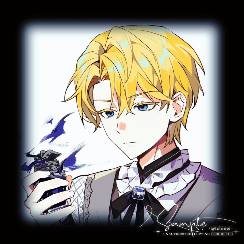 1boy, alberu_crossman, black_border, black_bow, black_bowtie, black_ribbon, blonde_hair, blue_eyes