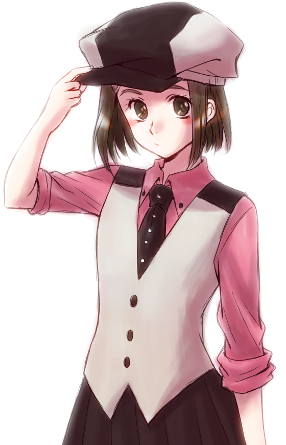 1girl, adjusting_clothes, adjusting_headwear, age_difference, bad_id, bad_pixiv_id, blush, brown_eyes, brown_hair, cosplay, father_and_child, father_and_daughter, female_focus, hat, kaburagi_kaede, kaburagi_t._kotetsu, kaburagi_t_kotetsu_(cosplay), necktie, newsboy_cap, one_side_up, parent_and_child, pleated_skirt, shirokuro_neko, short_hair, skirt, sleeves_rolled_up, solo, tiger_&amp;_bunny, vest, waistcoat, white_background