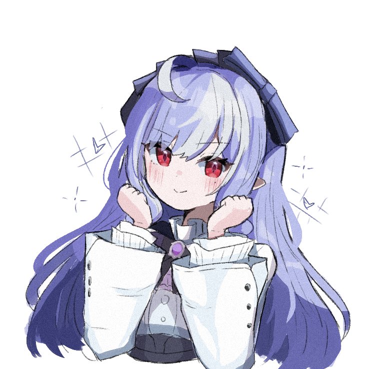 1girl, ahoge, ascot, blush, bow, bowtie, clenched_hands, closed_mouth