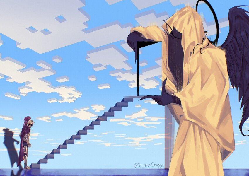 2others, armor, black_gloves, black_wings, chickencringe, cloak, cloud, cloudy_sky, commentary, d3rlord3, door, english_commentary, faceless, fake_sky, feathered_wings, full_body, galea_helmet, giant, gloves, halo, highres, hood, hood_up, hooded_cloak, minecraft, multiple_others, red_cloak, searching_for_a_world_that_doesn't_exist, shadow, size_difference, sky, stairs, standing, the_king_in_yellow_(searching_for_a_world_that_doesn't_exist), thorns, wings