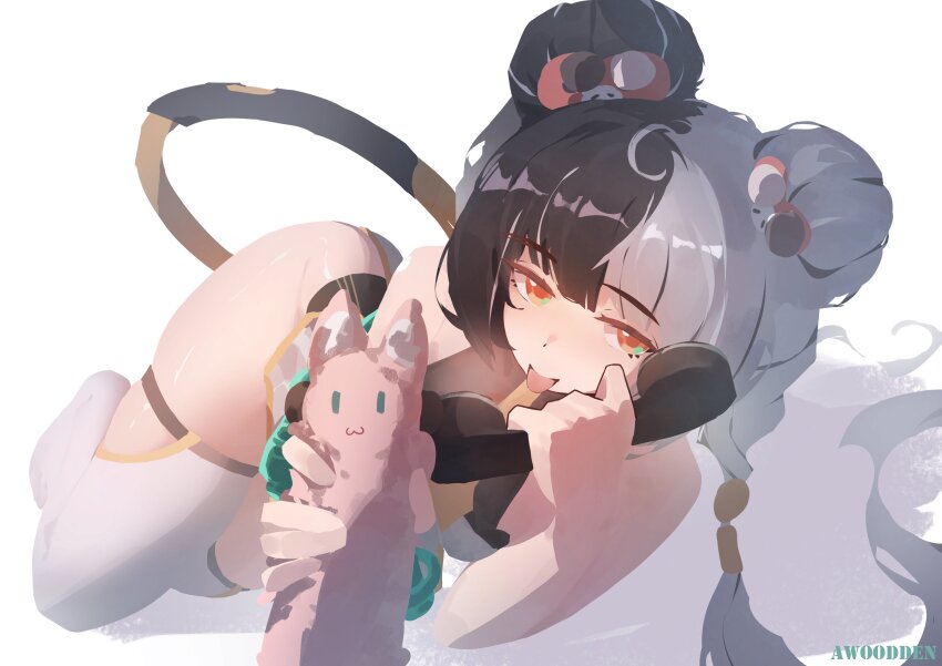 1girl, absurdres, artist_name, awoodden, bare_shoulders, black_hair, chakram, character_doll, china_dress, chinese_clothes, dialyn_(zenless_zone_zero), doll, double_bun, dress, hair_bun, hair_extensions, hashtag-only_commentary, highres, holding, holding_phone, holding_stuffed_toy, long_hair, looking_at_viewer, multicolored_hair, no_shoes, phone, ring_hair_extensions, shadow, simple_background, sleeveless, solo, split-color_hair, stuffed_animal, stuffed_toy, thighhighs, tongue, tongue_out, weapon, white_background, white_hair, white_thighhighs, wire, yellow_eyes, zenless_zone_zero, zhao_(zenless_zone_zero)