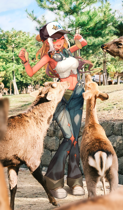 1girl, ;d, andromeda_(fate), andromeda_(over_the_same_sky)_(fate), animal, baseball_cap, blue_overalls, bracelet, breasts, brown_hair, commentary_request, crop_top, dark-skinned_female, dark_skin, day, deer, denim_overalls, fate/grand_order, fate_(series), food, full_body, game_cg, green_eyes, hair_bun, halterneck, hat, headphones, headphones_around_neck, holding, holding_food, jewelry, lack, long_hair, navel, official_art, one_eye_closed, open_mouth, outdoors, overalls, photo_background, shirt, shoes, sleeveless, sleeveless_shirt, smile, solo, standing, third-party_source, white_shirt, white_shoes