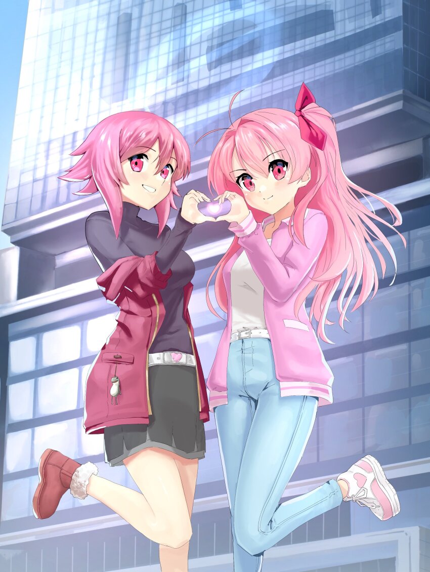 2girls, absurdres, alternate_costume, antenna_hair, belt, black_skirt, black_sweater, blue_pants