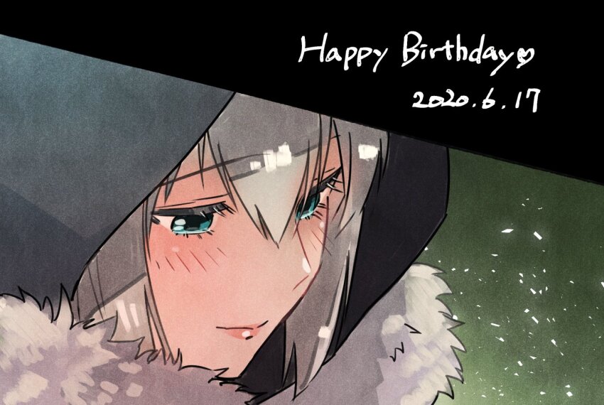 1girl, aqua_eyes, black_hood, close-up, commentary_request, dated, fate_(series), fur_trim