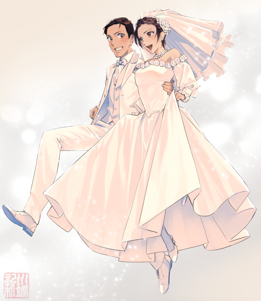 1boy, 1girl, bead_necklace, beads, bow, bowtie, braid, breasts