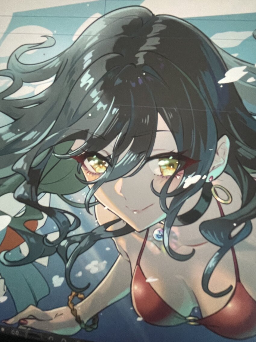 alternate_hairstyle, bikini, black_hair, bracelet, breasts, choker, cleavage, collarbone