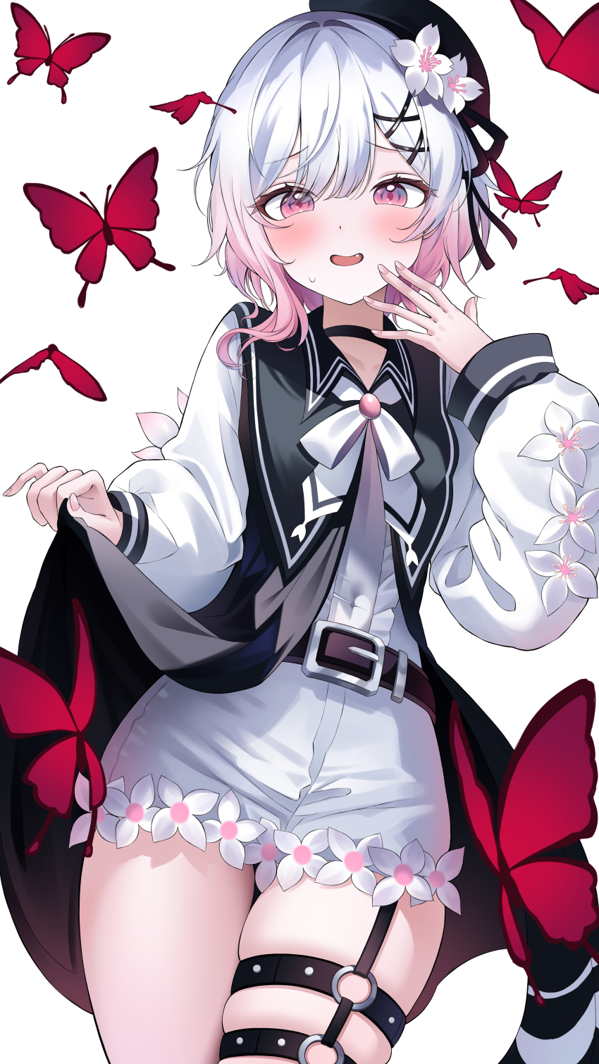 1girl, absurdres, beret, black_choker, black_dress, black_hat, bug, butterfly